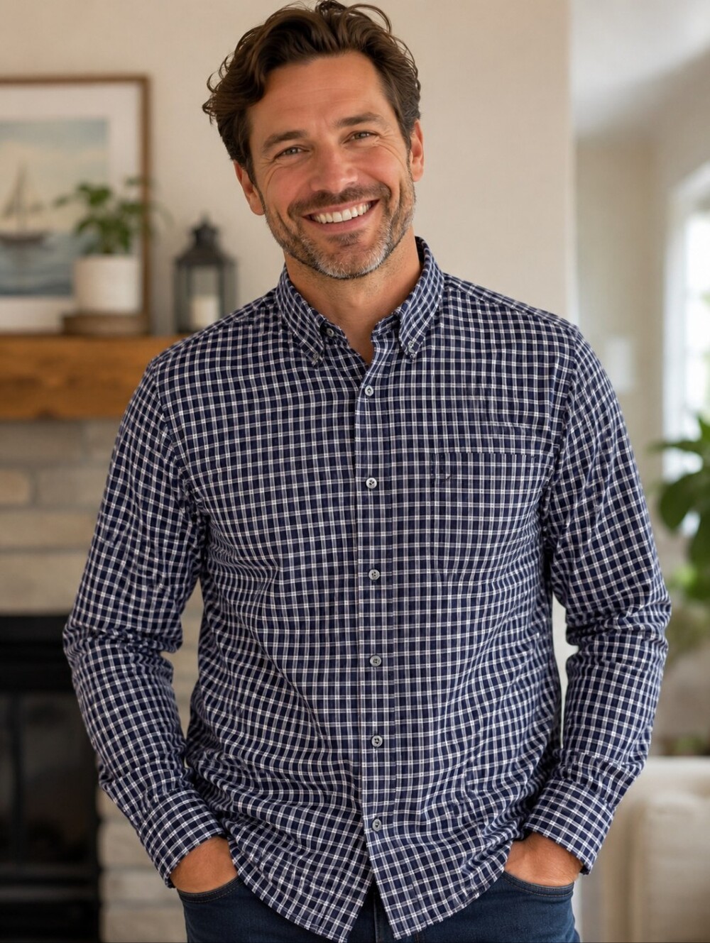 Nautica Mens XL Navy Blue Plaid Long Sleeve Button Down Shirt Classic Preppy Top